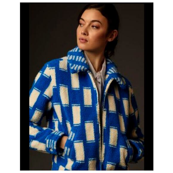 MOTHER Jackets & Blazers - Mother Revolve Kickstand Jacket S Ice Cube Sherpa Coat Checkered Blue White Cozy